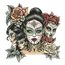 the  names Olivia Alba surrounded by flowers in different colors and two masks one happy one sad  tattoo design idea