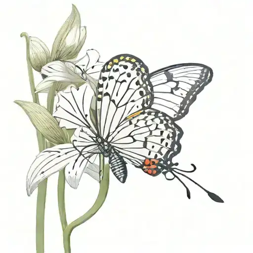 3D Butterfly flapping a its wings next to a spider lily tattoo design idea