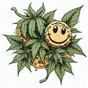 Realistic marijuana plant growing from a cookie dough soil with a smiley face on each leaf tattoo design idea