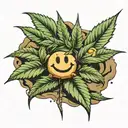Realistic marijuana plant growing from a cookie dough soil with a smiley face on each leaf tattoo design idea