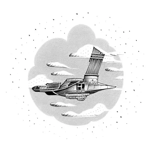 A majestic flying ship soaring through the clouds with a trail of colorful smoke behind it tattoo design idea