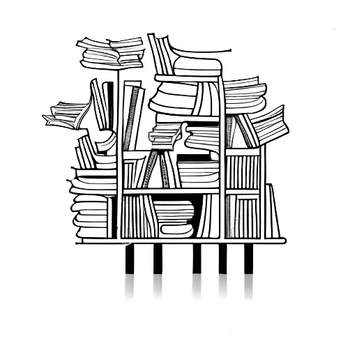 Intricate bookshelf with books of different sizes and shapes tattoo design idea