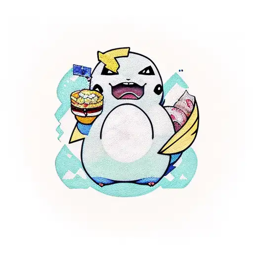 pokémon Snorlax colorfully eating too much sushi  tattoo design idea