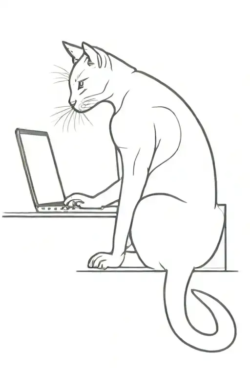 A black and white tattoo featuring a cat sitting either front-facing or in a side profile, intently focused on a laptop. tattoo design idea