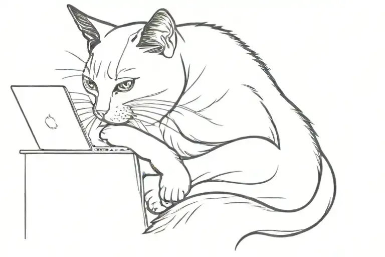 A black and white tattoo featuring a cat sitting either front-facing or in a side profile, intently focused on a laptop. tattoo design idea