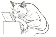 A black and white tattoo featuring a cat sitting either front-facing or in a side profile, intently focused on a laptop. tattoo design idea