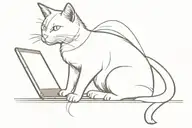 A black and white tattoo featuring a cat sitting either front-facing or in a side profile, intently focused on a laptop. tattoo design idea
