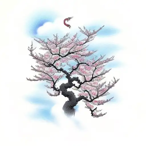 cherry blossom tree and clouds dragon tattoo design idea