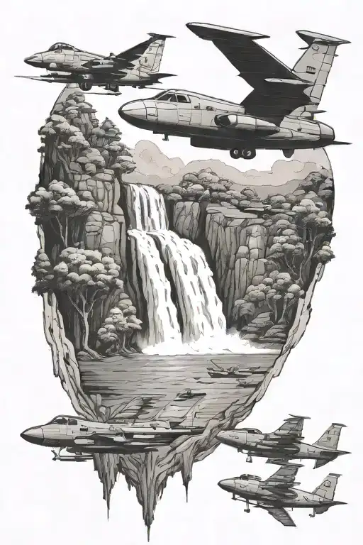 A nature scene featuring a waterfall with military aircraft flying overhead, symbolizing the balance between work and family tattoo design idea