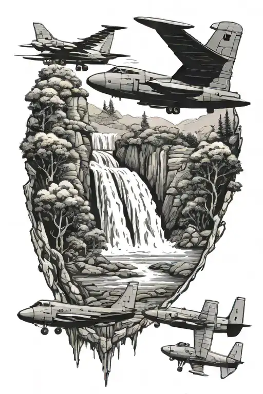A nature scene featuring a waterfall with military aircraft flying overhead, symbolizing the balance between work and family tattoo design idea