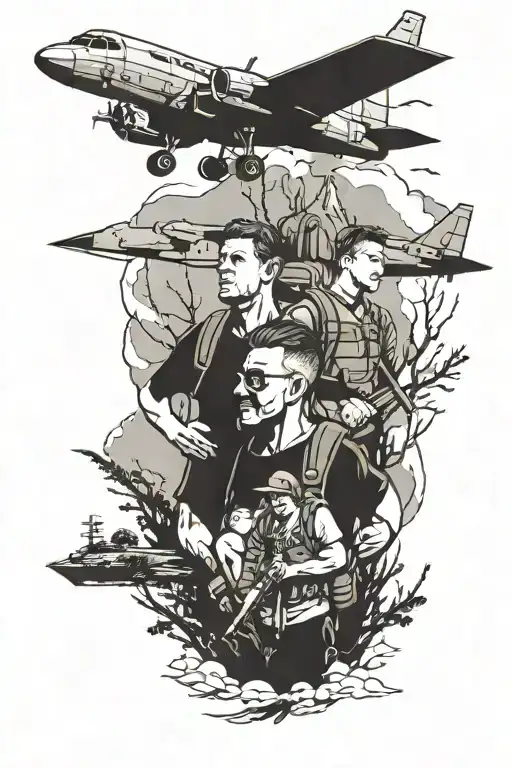 A black-grey tattoo of a father and two sons hiking together with a subtle military aircraft in the background tattoo design idea