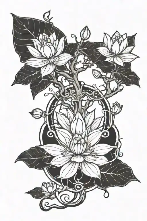 Lotus tree with growing roots and diyas around the base tattoo design idea