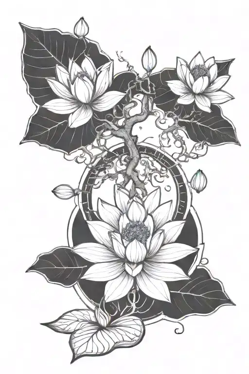 Lotus tree with growing roots and diyas around the base tattoo design idea