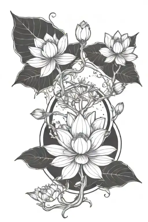Lotus tree with growing roots and diyas around the base tattoo design idea