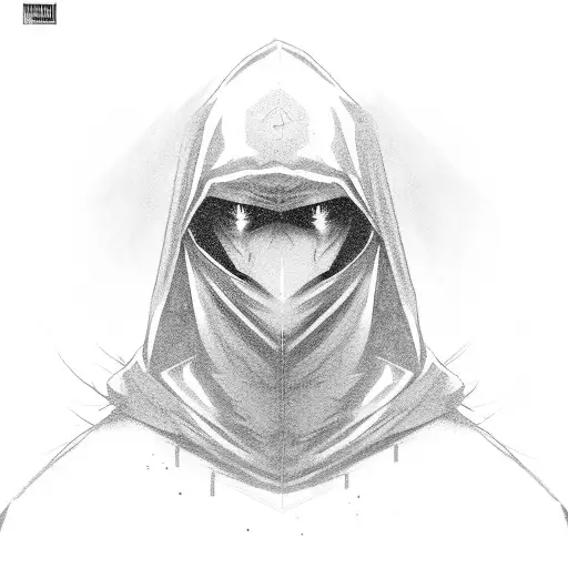 A mysterious hooded figure walking down a dark alley, with shadows and light play creating a striking image tattoo design idea