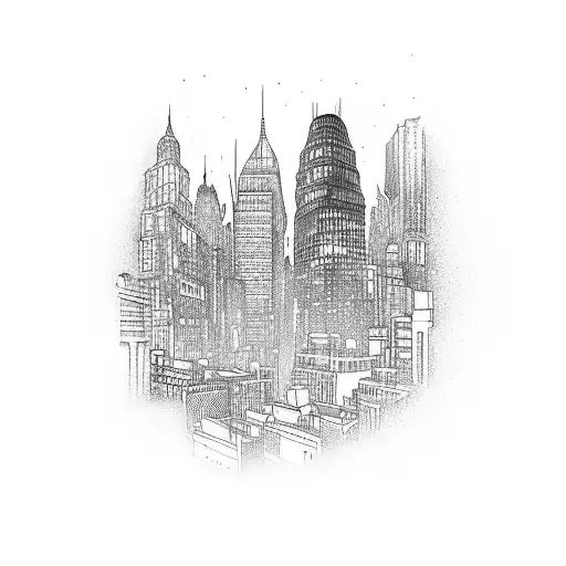 A cityscape of busy streets with towering buildings and graffiti art tattoo design idea