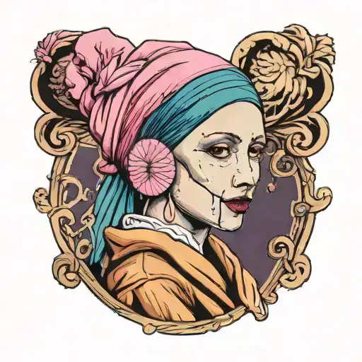 the girl with the pearl earring wearing a mask from scream and holding a pink phone  tattoo design idea