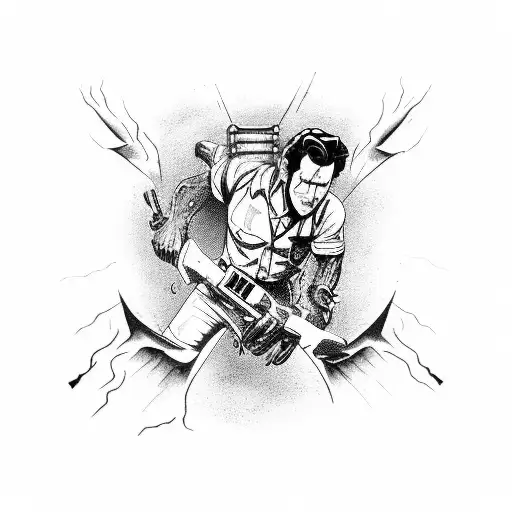 ash Williams, Evil Dead, black and white, shot gun and chainsaw tattoo design idea