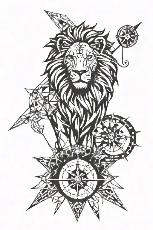 geometric lion head with compass tattoo design idea