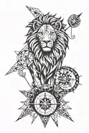 geometric lion head with compass tattoo design idea