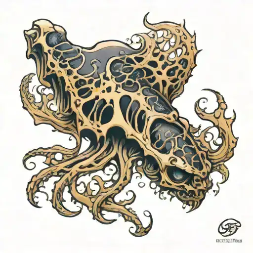 skeleton of a sea creature, tattoo, is impressive, on a skin tone that is dark, and demonstrates technique and harmony. tattoo design idea