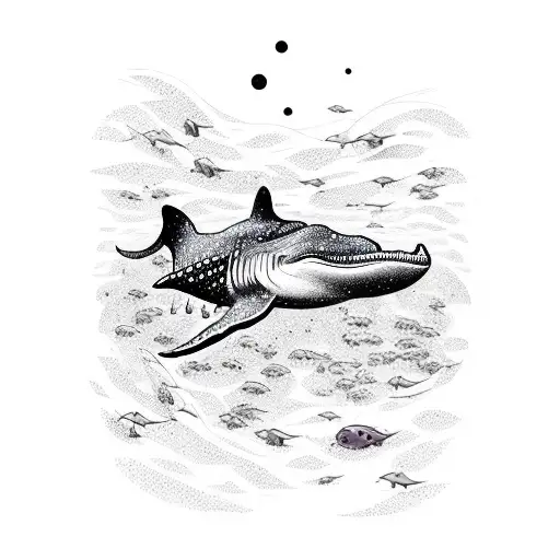 Whale and Shark swimming together, space, stars, Galaxy, spider lilly tattoo design idea