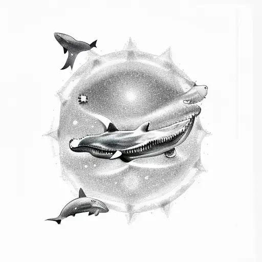 a Whale swimming, a Shark swimming, space, stars, Galaxy, spider lilly tattoo design idea