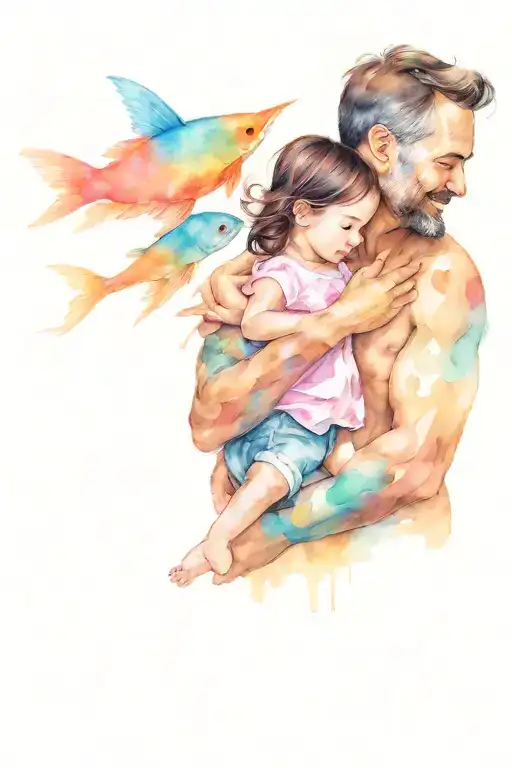 a father carry his daughter in his shoulder while pointed an aquarium tattoo design idea