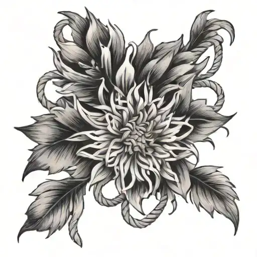 A black-grey tattoo of an elegant aster flower intertwined with climbing ropes tattoo design idea