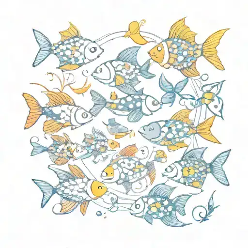 A whimsical Pisces symbol intertwined with a school of colorful fish, symbolizing the joy and freedom of being a teacher tattoo design idea