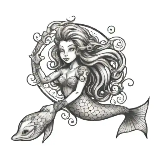 A whimsical black and grey design of a mermaid representing Pisces, holding hands with a child resembling Mi hija Angela tattoo design idea