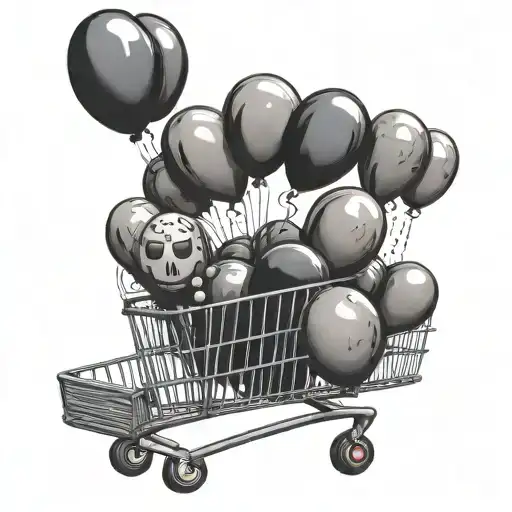 NF inspired Black balloons attached to a shopping cart with a 3way key, some ballons are floating up and loose collor tattoo design idea