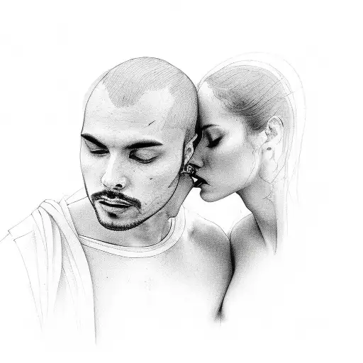 man kissing a woman on a forehead filled with shadows, branches and birds tattoo design idea