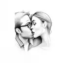 man kissing a woman on a forehead filled with shadows, branches and birds tattoo design idea