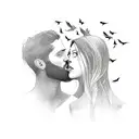 man kissing a woman on a forehead filled with shadows, branches and birds tattoo design idea