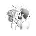 man kissing a woman on a forehead filled with shadows, branches and birds tattoo design idea
