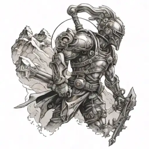 Steampunk warrior with mountain scenery as a backdrop, combining industrial and natural elements tattoo design idea