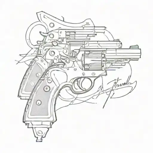 Hatfield and family pride sketch in cursive with pistols behind it sketch tattoo design idea