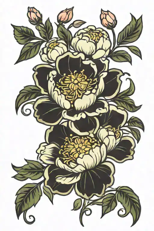 symmetry folk art peony blossoms long tattoo design idea