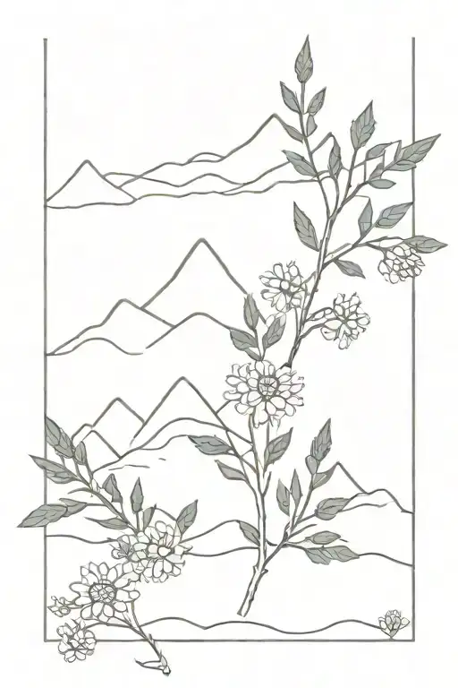 spine tattoo with daisies, mini pinecones, acorns, mountains, evergreen trees tattoo design idea