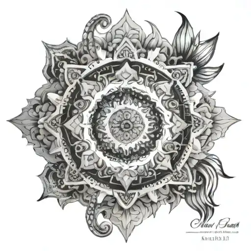 Detailed mandala design incorporating elements of the universe and Hindu deities, symbolizing the interconnectedness of life and spirituality tattoo design idea