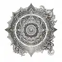 Detailed mandala design incorporating elements of the universe and Hindu deities, symbolizing the interconnectedness of life and spirituality tattoo design idea