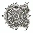 Detailed mandala design incorporating elements of the universe and Hindu deities, symbolizing the interconnectedness of life and spirituality tattoo design idea