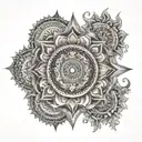 Detailed mandala design incorporating elements of the universe and Hindu deities, symbolizing the interconnectedness of life and spirituality tattoo design idea