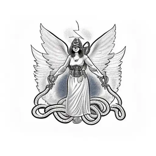 A powerful angel and a cunning cobra entangled with a tempting apple tattoo design idea