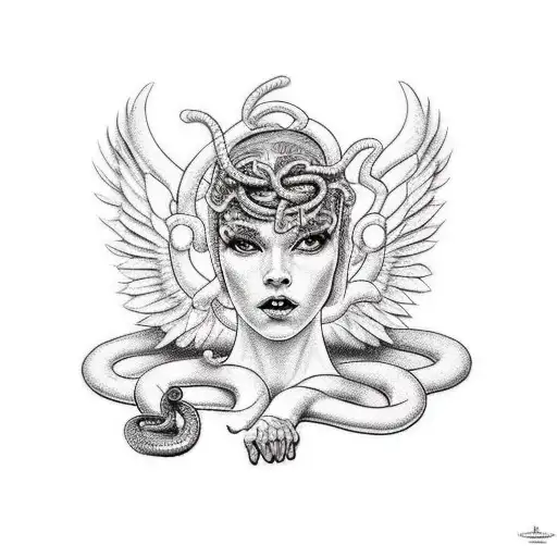 A powerful angel and a cunning cobra entangled with a tempting apple tattoo design idea