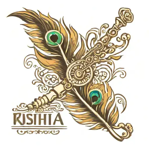 Flute 🪈 with name Geetika and Radha Krishna peacock feather tattoo design idea