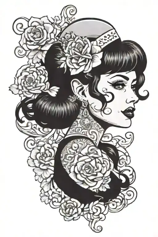 pin-up style of sexy, cute, sultry, sweet, innocent and mysterious divorcee Mormon milf that has all the right features  tattoo design idea