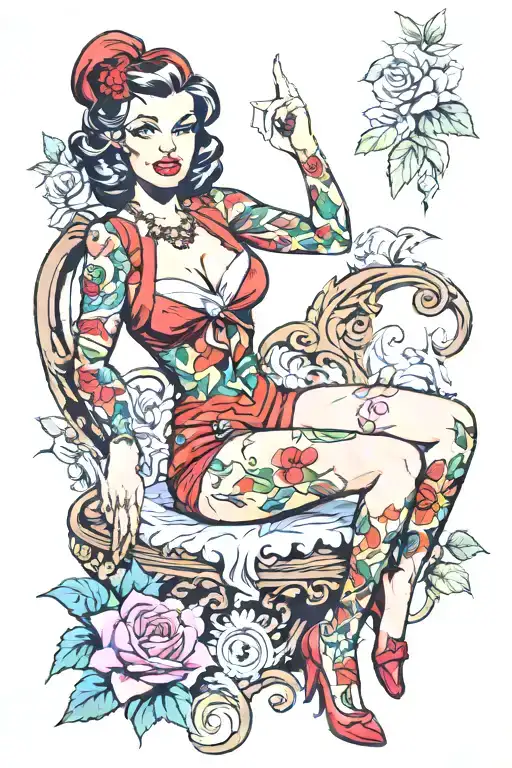 colorful full body female retro, some skin, cartoonish, pin-up girl style of sexy, cute, sweet, innocent, Mormon milf  tattoo design idea