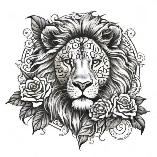An intricate lion with a clock face as its mane, surrounded by roses and skulls tattoo design idea